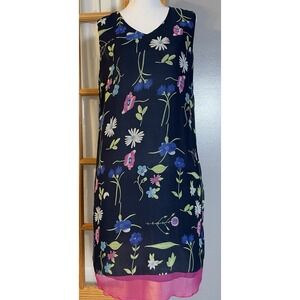 Bridgetown Collection Silk Floral Dress Sz L Navy Pink Sleeveless Boho Cottage